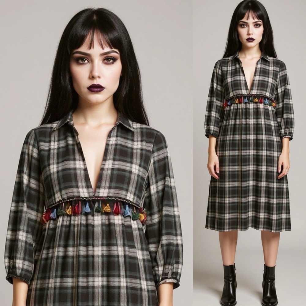 Zara green women's plaid soft check grunge goth midi dress with tassels size XS